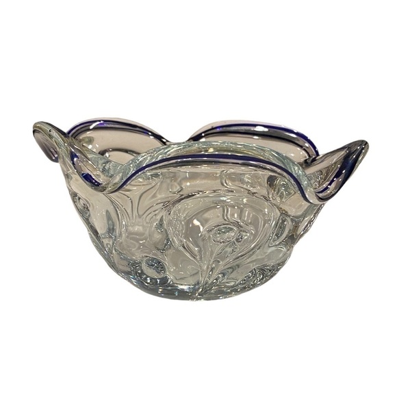 1990s Lillian Vernon Crystal Candy Bowl With Cobalt And Ruffle Edge Vintage - Picture 8 of 15